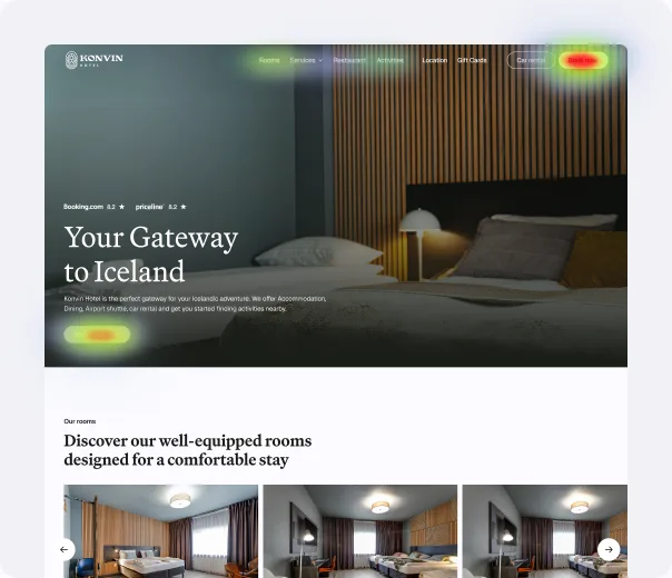 Heatmap overlay on a hotel website mockup showing where visitors click and scroll