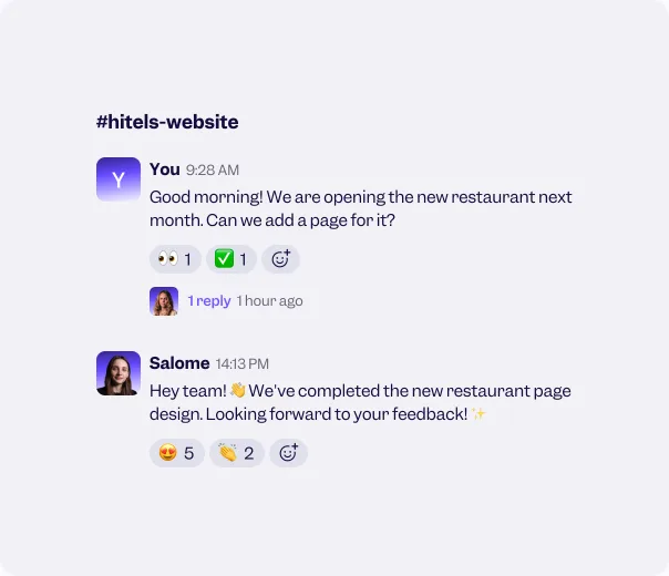Slack conversation between the client and the Hitels team about a new page request