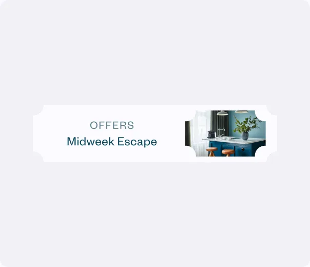 An 'Offers: Midweek Escape' promo card animation on a hotel website