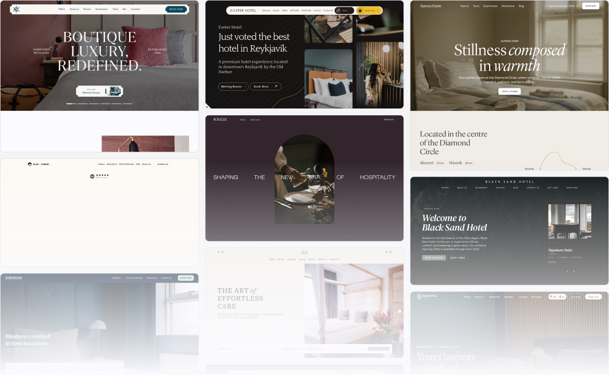 Collage of bespoke hotel websites designed and built by Hitels